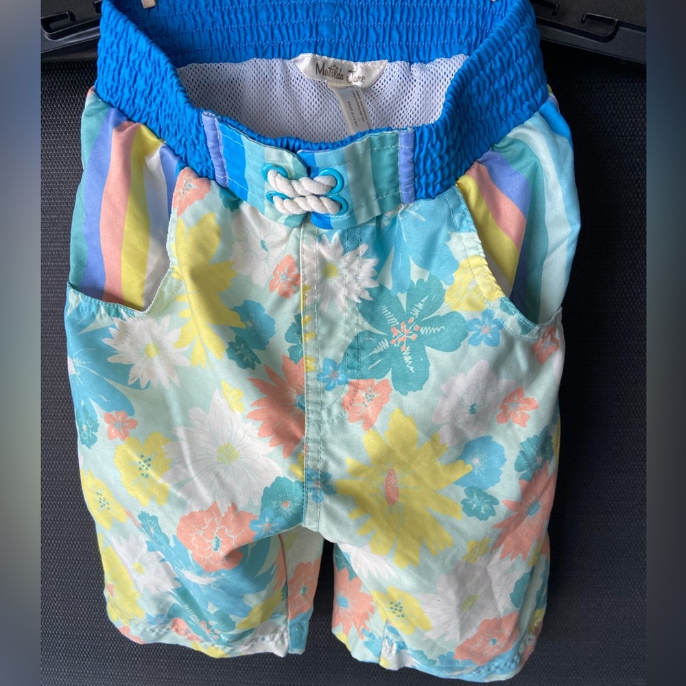 Matilda Jane Oh Boy Swim Short Size 6 Blue Floral Swim Trunk